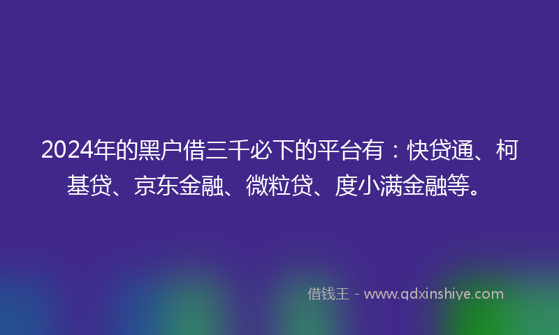 2024年的黑户借三千必下的平台有：快贷通、柯基贷、京东金融、微粒贷、度小满金融等。