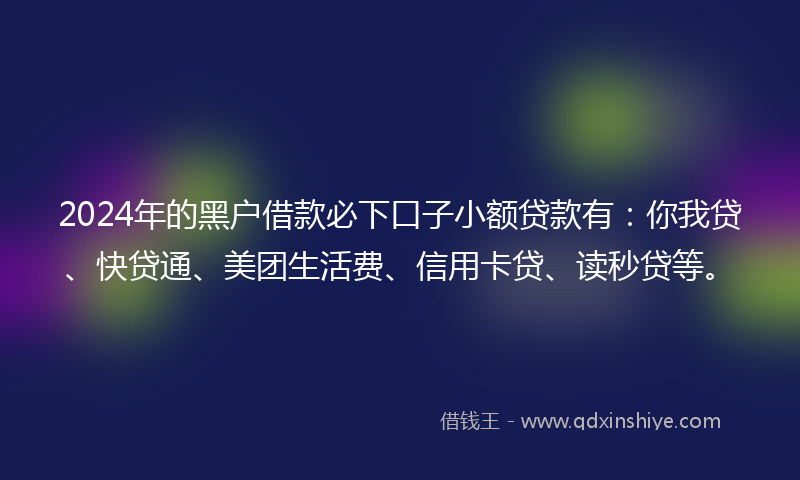 2024年的黑户借款必下口子小额贷款有：你我贷、快贷通、美团生活费、信用卡贷、读秒贷等。