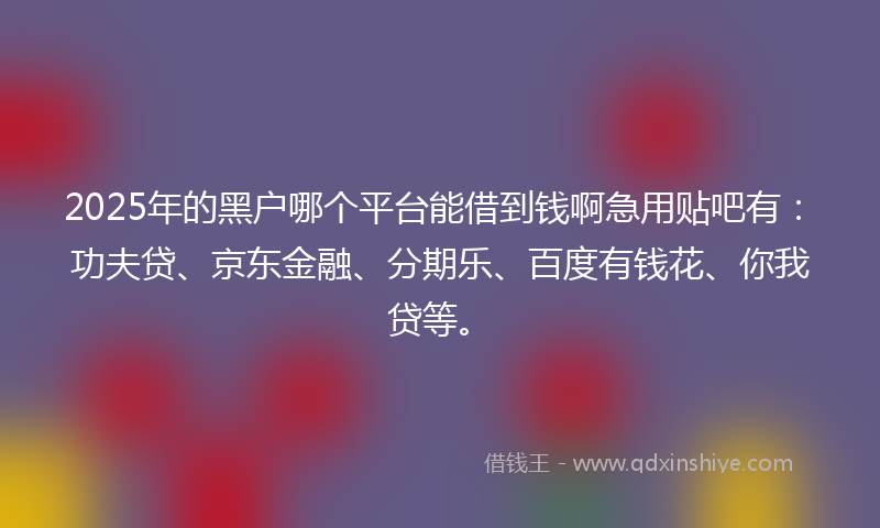 2025年的黑户哪个平台能借到钱啊急用贴吧有：功夫贷、京东金融、分期乐、百度有钱花、你我贷等。