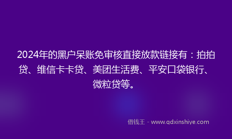 2024年的黑户呆账免审核直接放款链接有：拍拍贷、维信卡卡贷、美团生活费、平安口袋银行、微粒贷等。