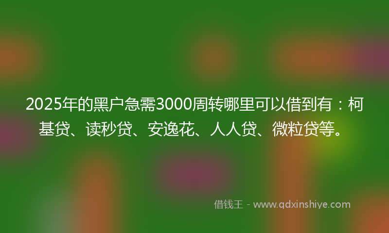 2025年的黑户急需3000周转哪里可以借到有：柯基贷、读秒贷、安逸花、人人贷、微粒贷等。