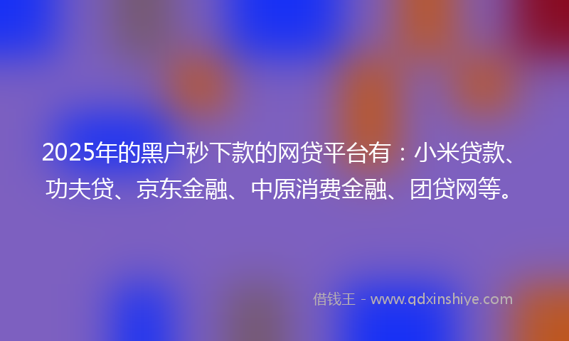 2025年的黑户秒下款的网贷平台有：小米贷款、功夫贷、京东金融、中原消费金融、团贷网等。