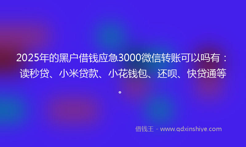 2025年的黑户借钱应急3000微信转账可以吗有：读秒贷、小米贷款、小花钱包、还呗、快贷通等。