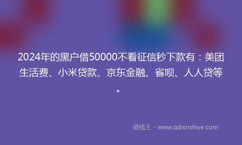 2024年的黑户借50000不看征信秒下款有：美团生活费、小米贷款、京东金融、省呗、人人贷等。