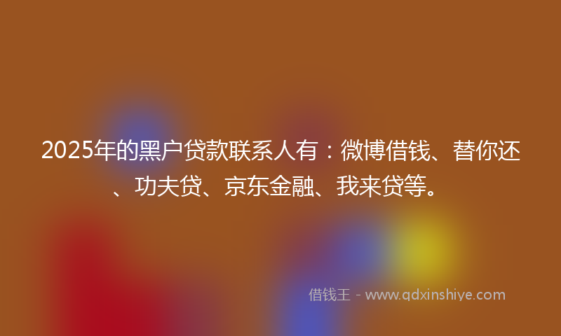2025年的黑户贷款联系人有：微博借钱、替你还、功夫贷、京东金融、我来贷等。