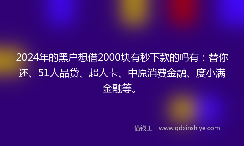 2024年的黑户想借2000块有秒下款的吗有：替你还、51人品贷、超人卡、中原消费金融、度小满金融等。