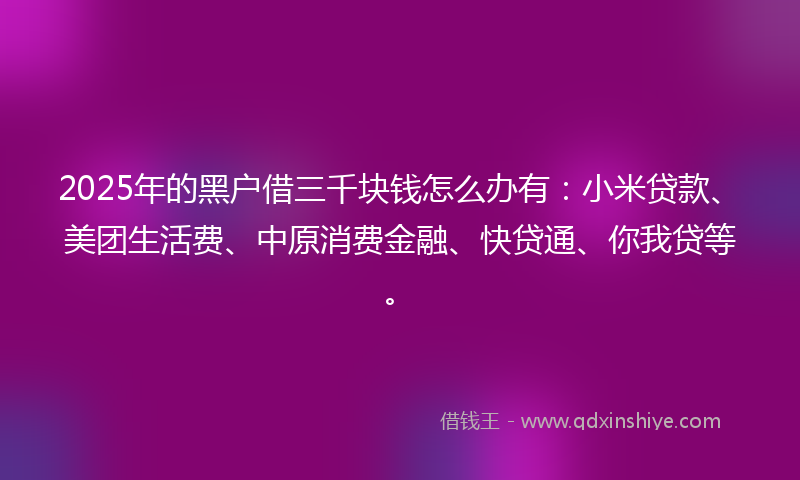 2025年的黑户借三千块钱怎么办有：小米贷款、美团生活费、中原消费金融、快贷通、你我贷等。
