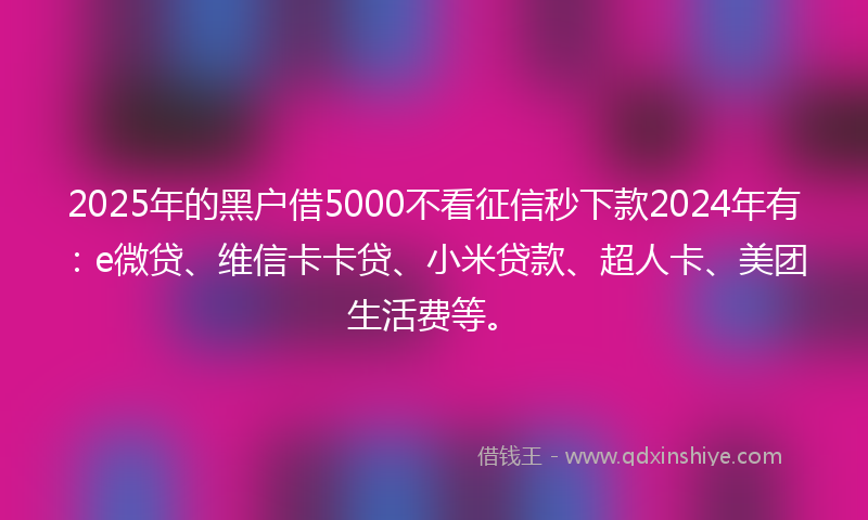 2025年的黑户借5000不看征信秒下款2024年有：e微贷、维信卡卡贷、小米贷款、超人卡、美团生活费等。
