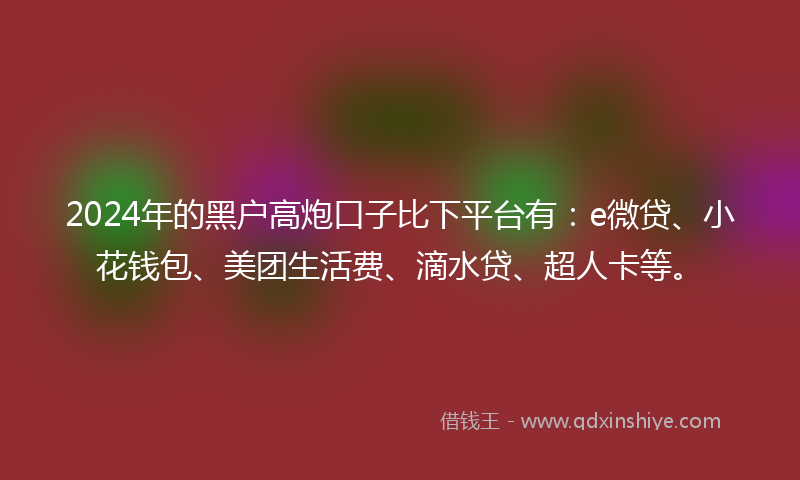 2024年的黑户高炮口子比下平台有：e微贷、小花钱包、美团生活费、滴水贷、超人卡等。