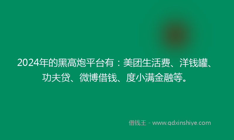 2024年的黑高炮平台有：美团生活费、洋钱罐、功夫贷、微博借钱、度小满金融等。
