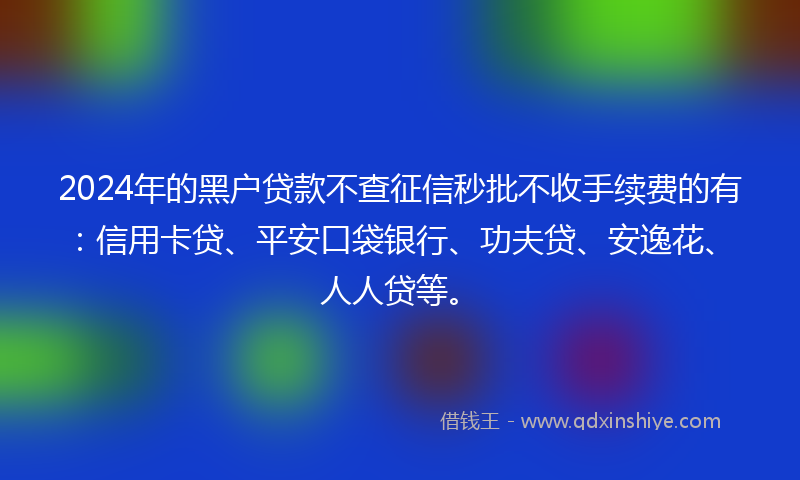 2024年的黑户贷款不查征信秒批不收手续费的有：信用卡贷、平安口袋银行、功夫贷、安逸花、人人贷等。