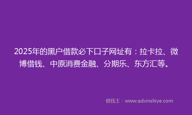 2025年的黑户借款必下口子网址有：拉卡拉、微博借钱、中原消费金融、分期乐、东方汇等。