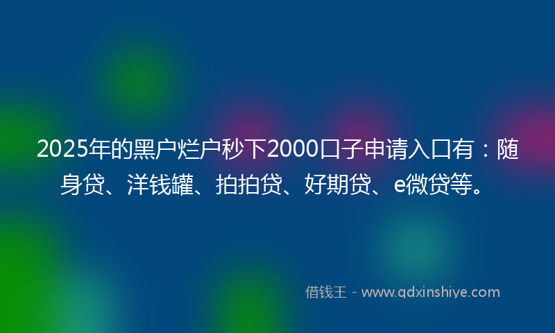 2025年的黑户烂户秒下2000口子申请入口有：随身贷、洋钱罐、拍拍贷、好期贷、e微贷等。