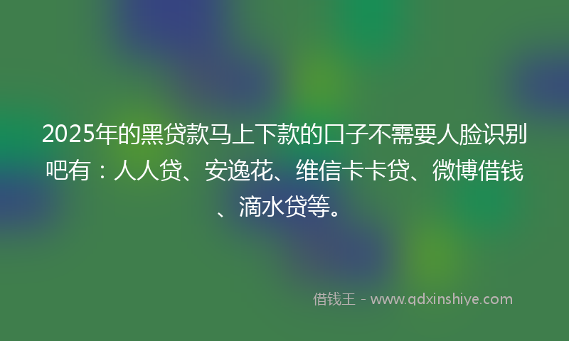 2025年的黑贷款马上下款的口子不需要人脸识别吧有：人人贷、安逸花、维信卡卡贷、微博借钱、滴水贷等。