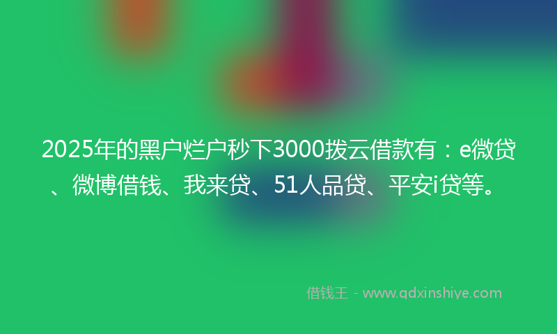 2025年的黑户烂户秒下3000拨云借款有：e微贷、微博借钱、我来贷、51人品贷、平安i贷等。