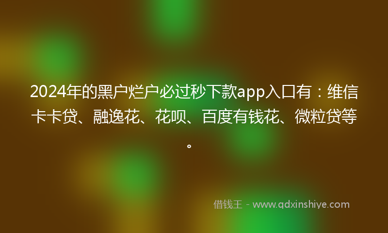2024年的黑户烂户必过秒下款app入口有：维信卡卡贷、融逸花、花呗、百度有钱花、微粒贷等。