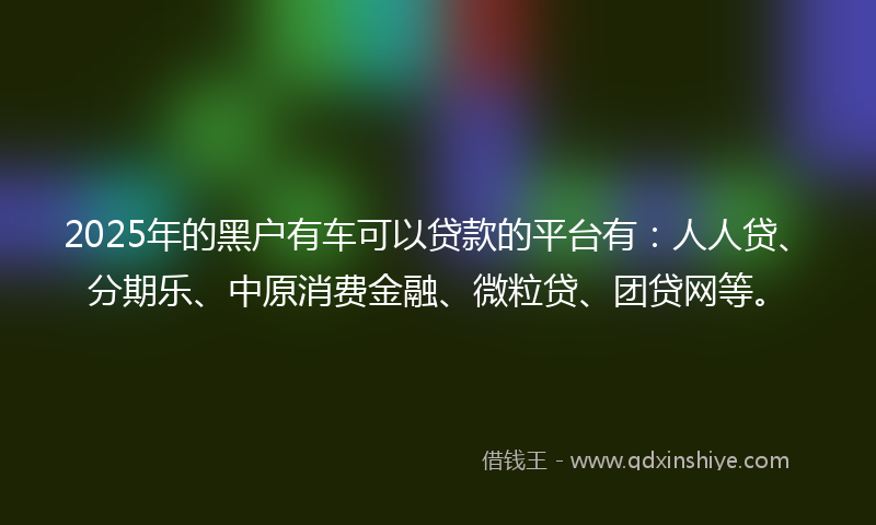 2025年的黑户有车可以贷款的平台有：人人贷、分期乐、中原消费金融、微粒贷、团贷网等。