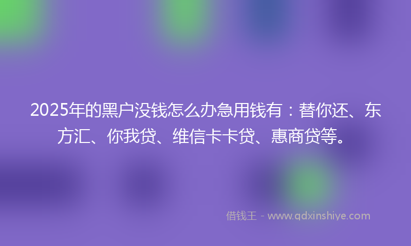 2025年的黑户没钱怎么办急用钱有：替你还、东方汇、你我贷、维信卡卡贷、惠商贷等。