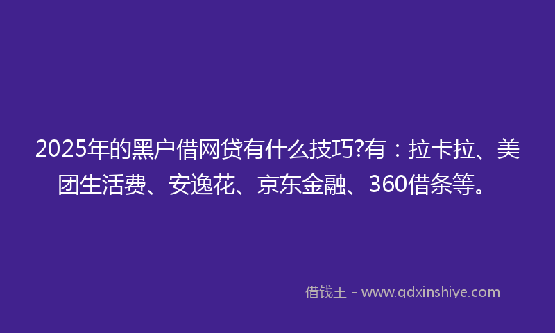 2025年的黑户借网贷有什么技巧?有：拉卡拉、美团生活费、安逸花、京东金融、360借条等。