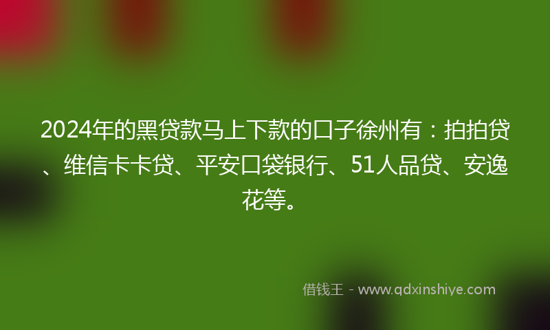 2024年的黑贷款马上下款的口子徐州有：拍拍贷、维信卡卡贷、平安口袋银行、51人品贷、安逸花等。