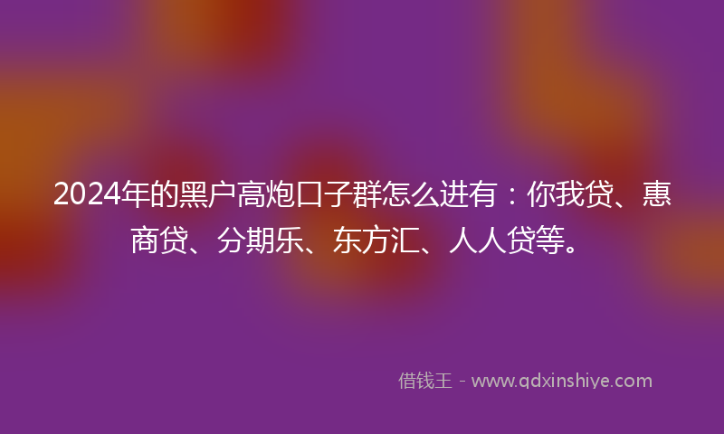 2024年的黑户高炮口子群怎么进有：你我贷、惠商贷、分期乐、东方汇、人人贷等。