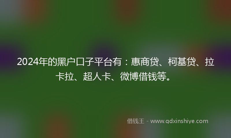 2024年的黑户口子平台有：惠商贷、柯基贷、拉卡拉、超人卡、微博借钱等。
