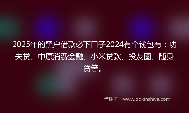 2025年的黑户借款必下口子2024有个钱包有：功夫贷、中原消费金融、小米贷款、投友圈、随身贷等。