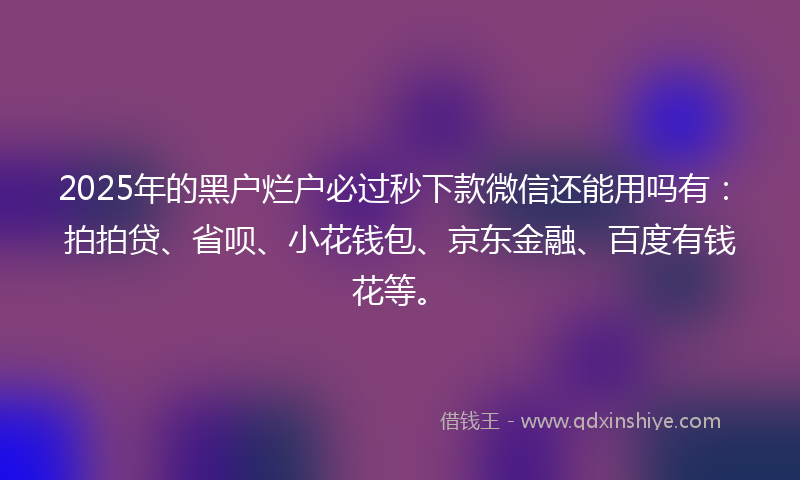 2025年的黑户烂户必过秒下款微信还能用吗有：拍拍贷、省呗、小花钱包、京东金融、百度有钱花等。