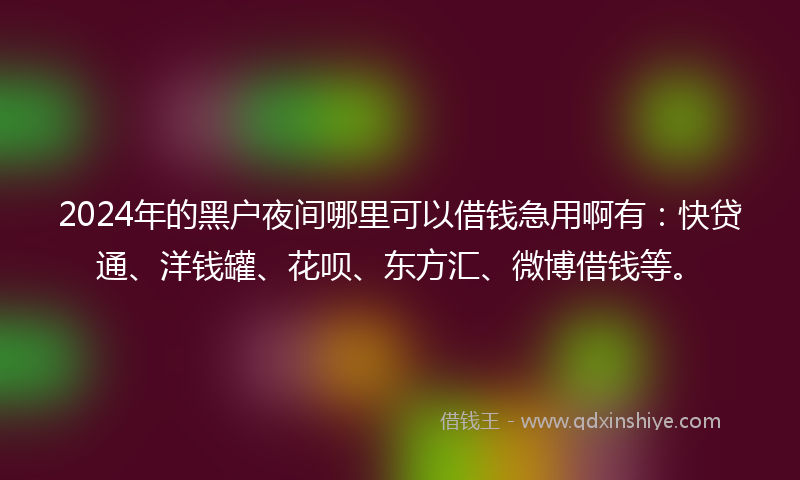 2024年的黑户夜间哪里可以借钱急用啊有：快贷通、洋钱罐、花呗、东方汇、微博借钱等。