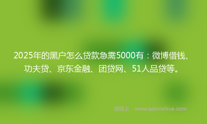 2025年的黑户怎么贷款急需5000有：微博借钱、功夫贷、京东金融、团贷网、51人品贷等。