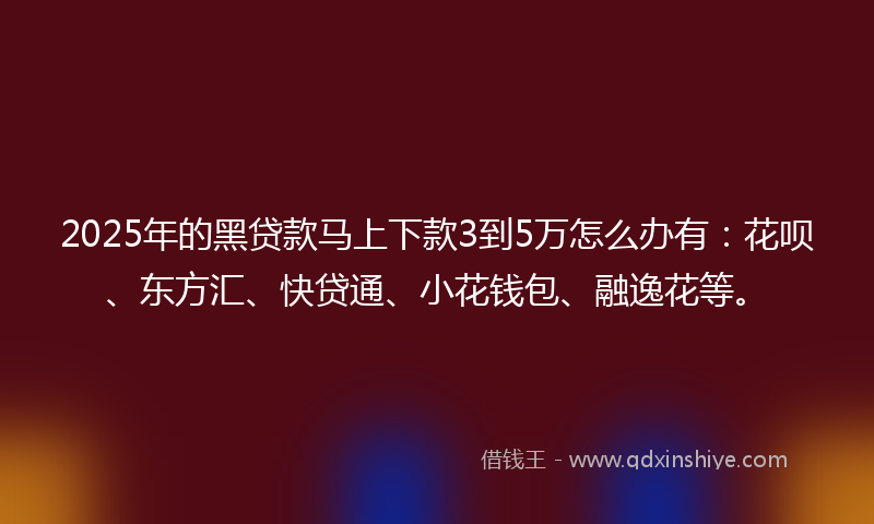 2025年的黑贷款马上下款3到5万怎么办有：花呗、东方汇、快贷通、小花钱包、融逸花等。
