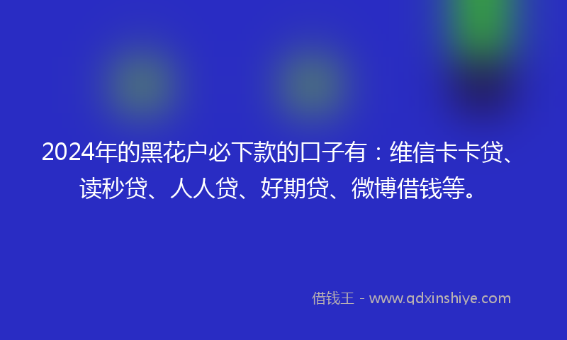 2024年的黑花户必下款的口子有：维信卡卡贷、读秒贷、人人贷、好期贷、微博借钱等。