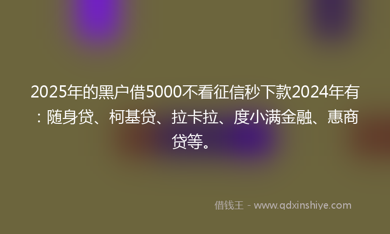2025年的黑户借5000不看征信秒下款2024年有：随身贷、柯基贷、拉卡拉、度小满金融、惠商贷等。