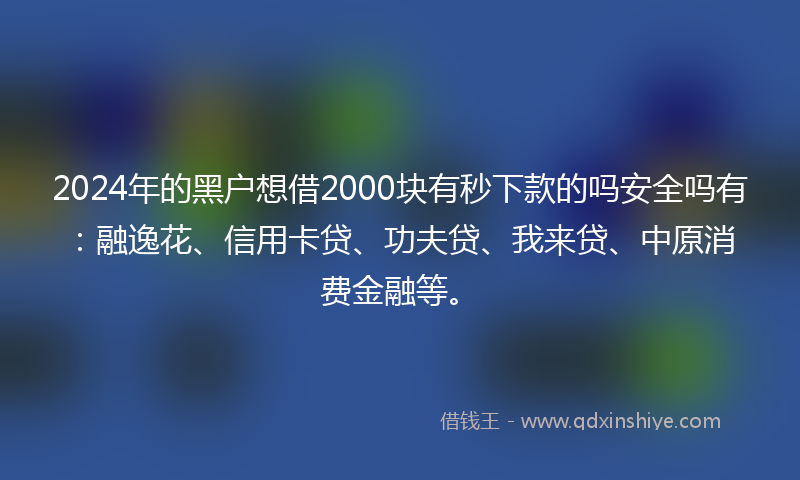 2024年的黑户想借2000块有秒下款的吗安全吗有：融逸花、信用卡贷、功夫贷、我来贷、中原消费金融等。