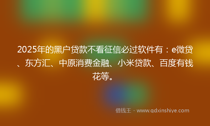 2025年的黑户贷款不看征信必过软件有：e微贷、东方汇、中原消费金融、小米贷款、百度有钱花等。