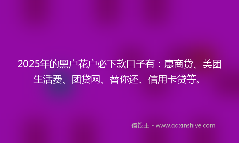 2025年的黑户花户必下款口子有：惠商贷、美团生活费、团贷网、替你还、信用卡贷等。