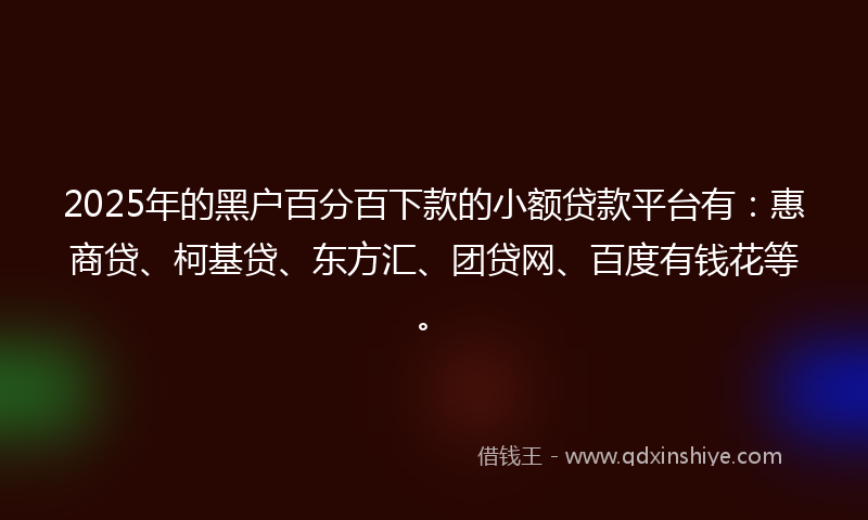 2025年的黑户百分百下款的小额贷款平台有：惠商贷、柯基贷、东方汇、团贷网、百度有钱花等。