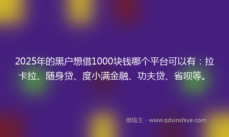 2025年的黑户想借1000块钱哪个平台可以有：拉卡拉、随身贷、度小满金融、功夫贷、省呗等。