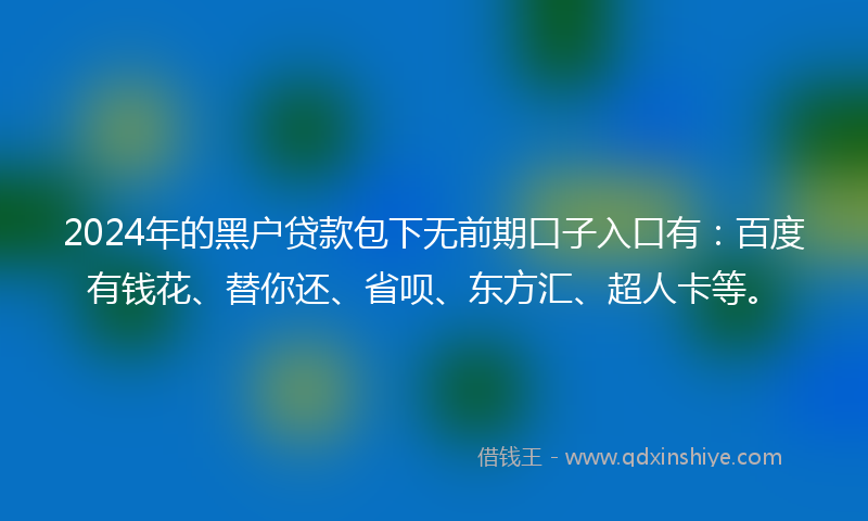 2024年的黑户贷款包下无前期口子入口有：百度有钱花、替你还、省呗、东方汇、超人卡等。