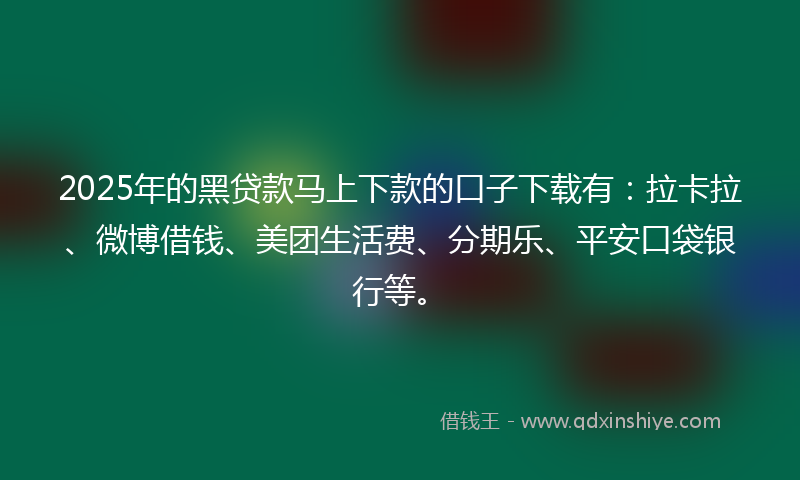 2025年的黑贷款马上下款的口子下载有：拉卡拉、微博借钱、美团生活费、分期乐、平安口袋银行等。