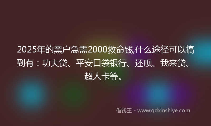 2025年的黑户急需2000救命钱,什么途径可以搞到有:功夫贷、平安口袋银行、还呗、我来贷、超人卡等。