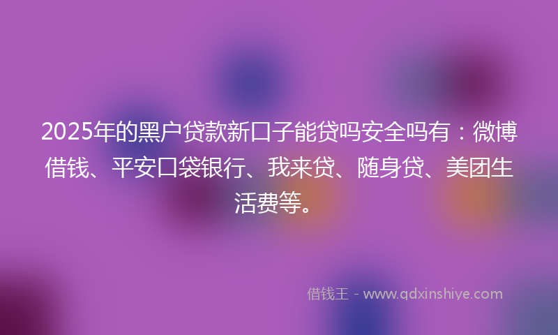 2025年的黑户贷款新口子能贷吗安全吗有：微博借钱、平安口袋银行、我来贷、随身贷、美团生活费等。