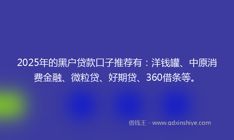 2025年的黑户贷款口子推荐有：洋钱罐、中原消费金融、微粒贷、好期贷、360借条等。