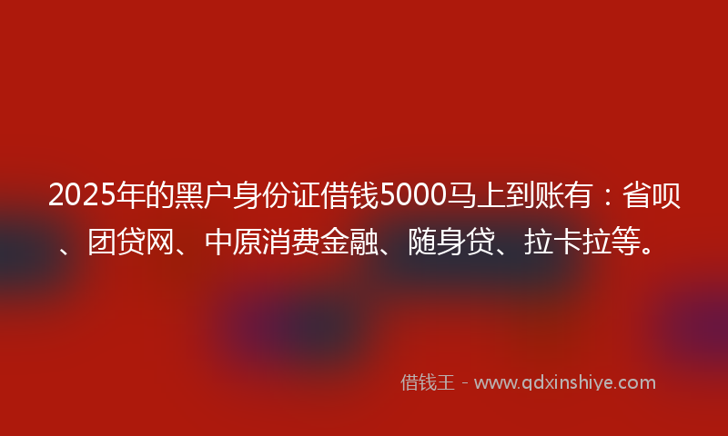2025年的黑户身份证借钱5000马上到账有：省呗、团贷网、中原消费金融、随身贷、拉卡拉等。