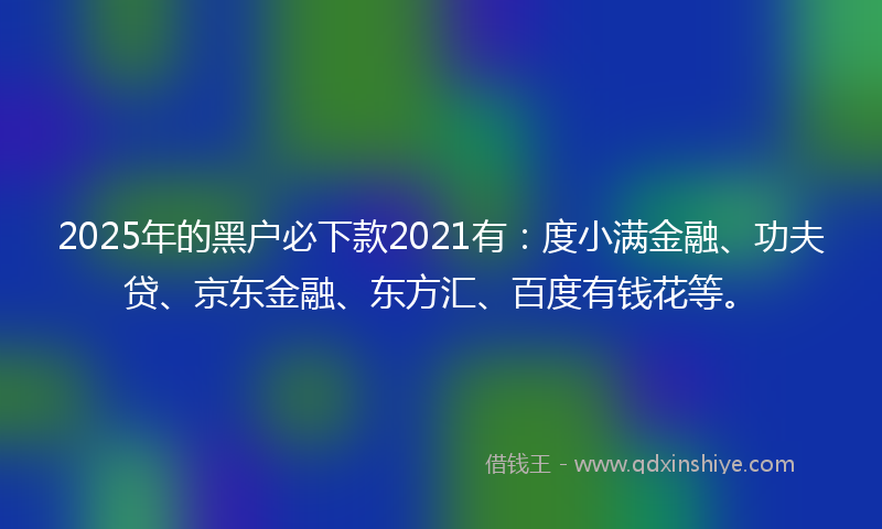 2025年的黑户必下款2021有：度小满金融、功夫贷、京东金融、东方汇、百度有钱花等。