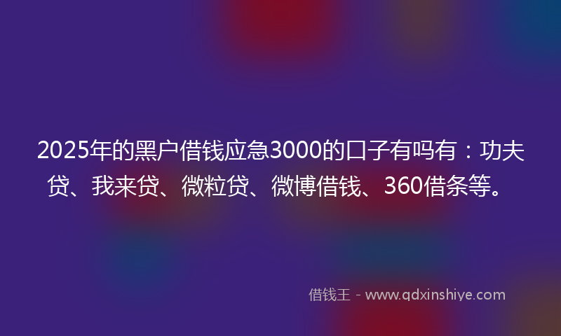 2025年的黑户借钱应急3000的口子有吗有：功夫贷、我来贷、微粒贷、微博借钱、360借条等。