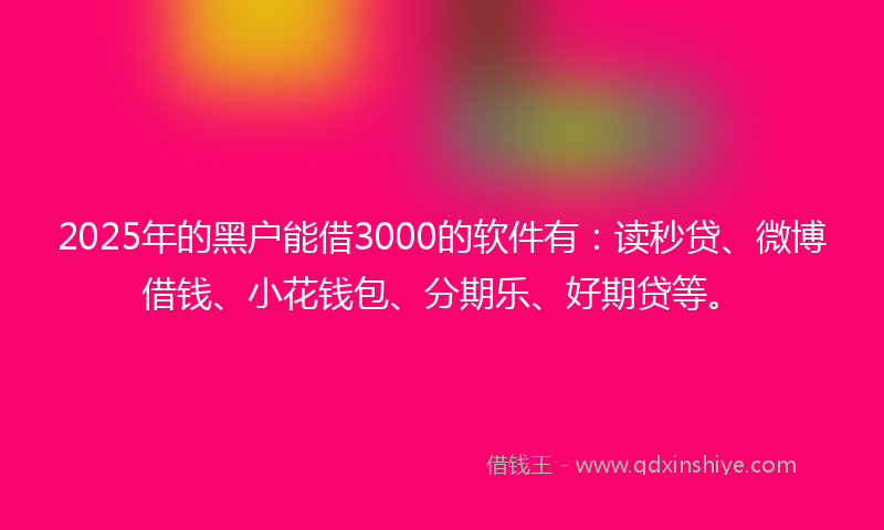 2025年的黑户能借3000的软件有：读秒贷、微博借钱、小花钱包、分期乐、好期贷等。