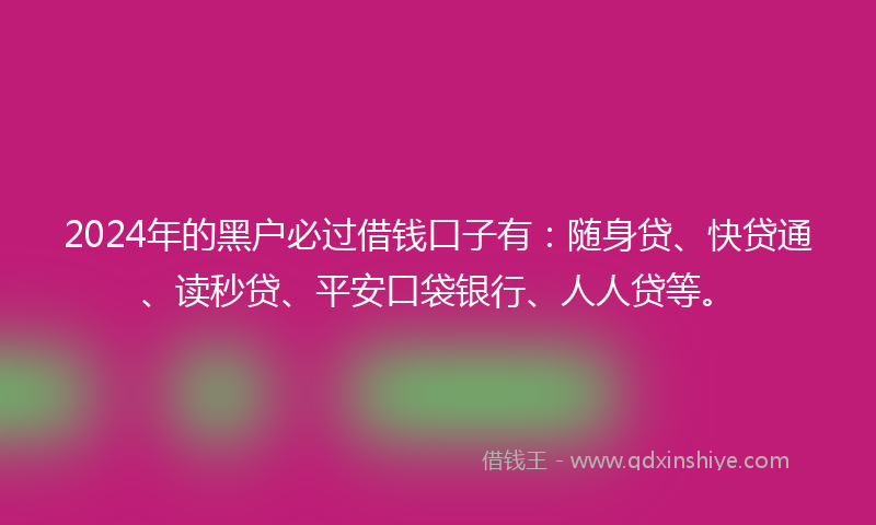 2024年的黑户必过借钱口子有：随身贷、快贷通、读秒贷、平安口袋银行、人人贷等。
