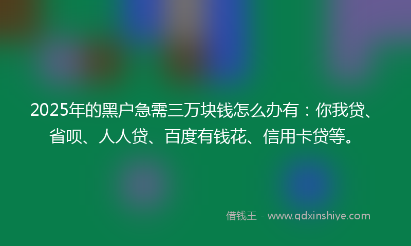 2025年的黑户急需三万块钱怎么办有：你我贷、省呗、人人贷、百度有钱花、信用卡贷等。