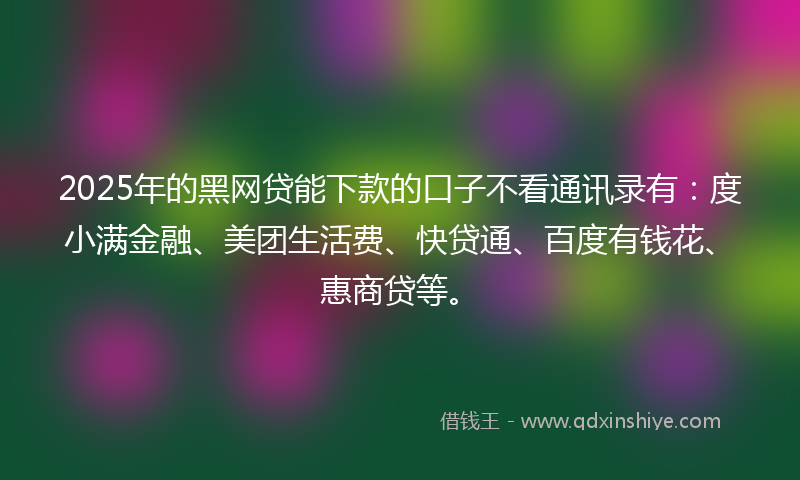 2025年的黑网贷能下款的口子不看通讯录有：度小满金融、美团生活费、快贷通、百度有钱花、惠商贷等。